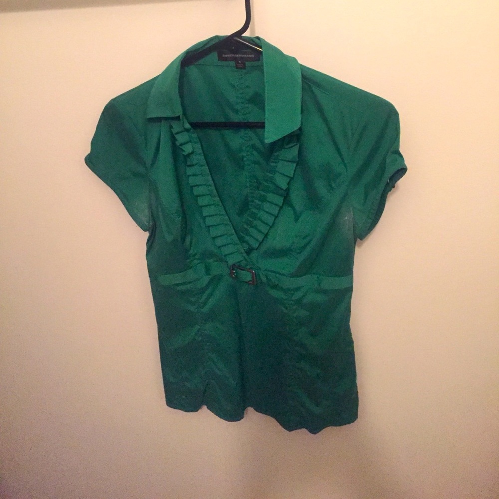 Dark green women’s small top. Ruffled neckline.